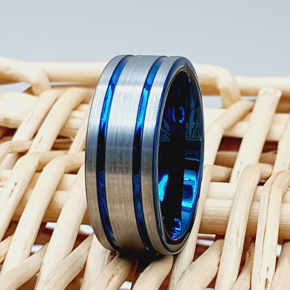 Brushed Silver & Blue Tungsten Ring Unisex Wedding Band W948